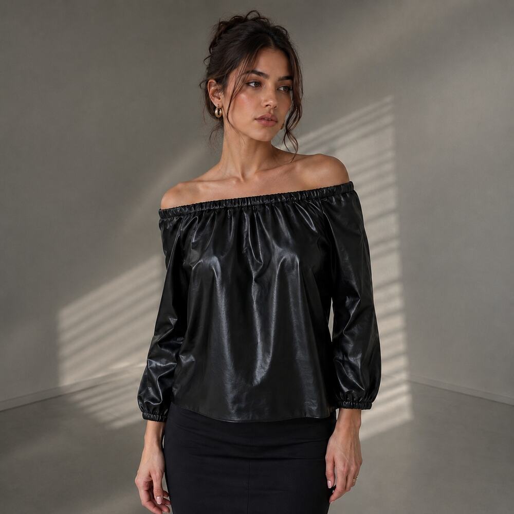 Dolce Cabo Black Faux Leather Puff Sleeve Blouse Medium Office Siren Moto